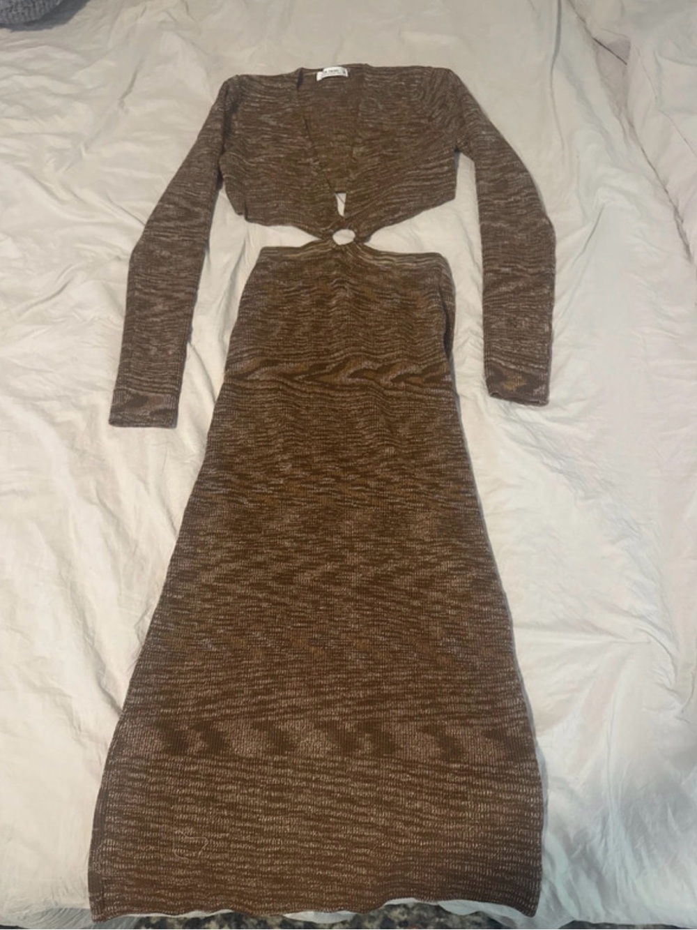 12th Tribe Brown Marled Long Sleeve Cutout Midi Dress